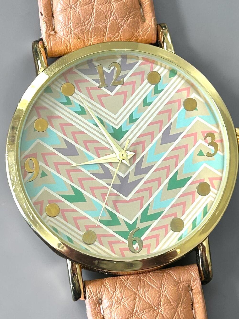 Aqua Pink Chevron Dial Watch Women Peach Strap Boho Y2K Colorful Working
